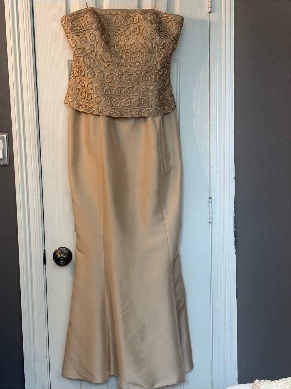 Vintage Jovani 100% Silk Gown/Bolero Y2K Beaded Strapless Beige Champagne S 12